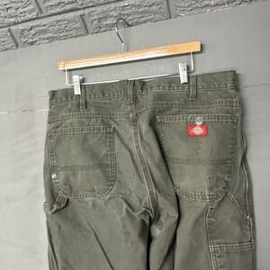 Vtg Dickies Pants Distressed Faded Olive Green Canvas Carpenter Stretch‎ 38x32